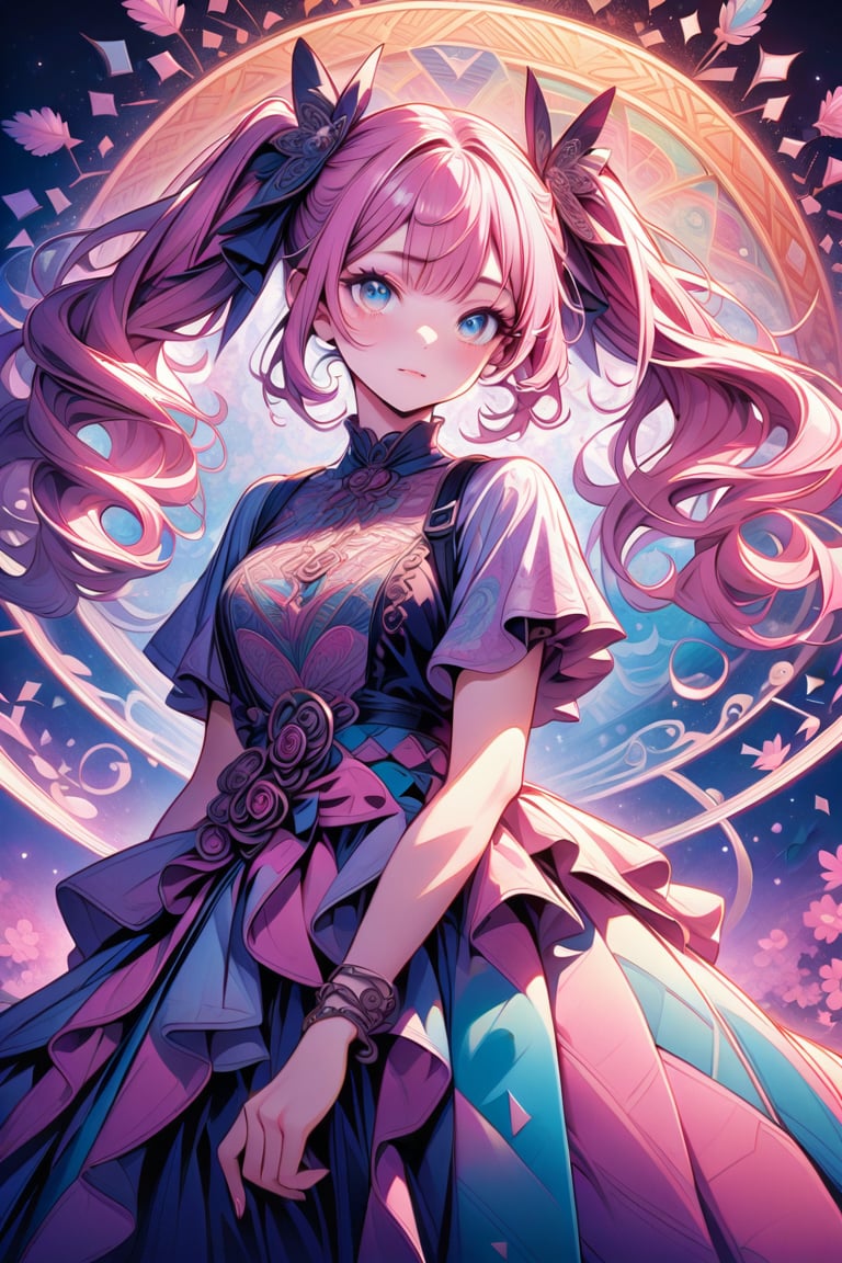 A delicate anime-style illustration of a girl with pink hair and large, expressive eyes. She is wearing a detailed, colorful dress with intricate patterns. The background features abstract, geometric shapes in soft pastel colors, creating a modern and artistic look. Her hands are gracefully positioned in front of her. artwork,Zentangle,Fractal Art,Unbelievably absurd,draw in detail,Decadent,Twin tails