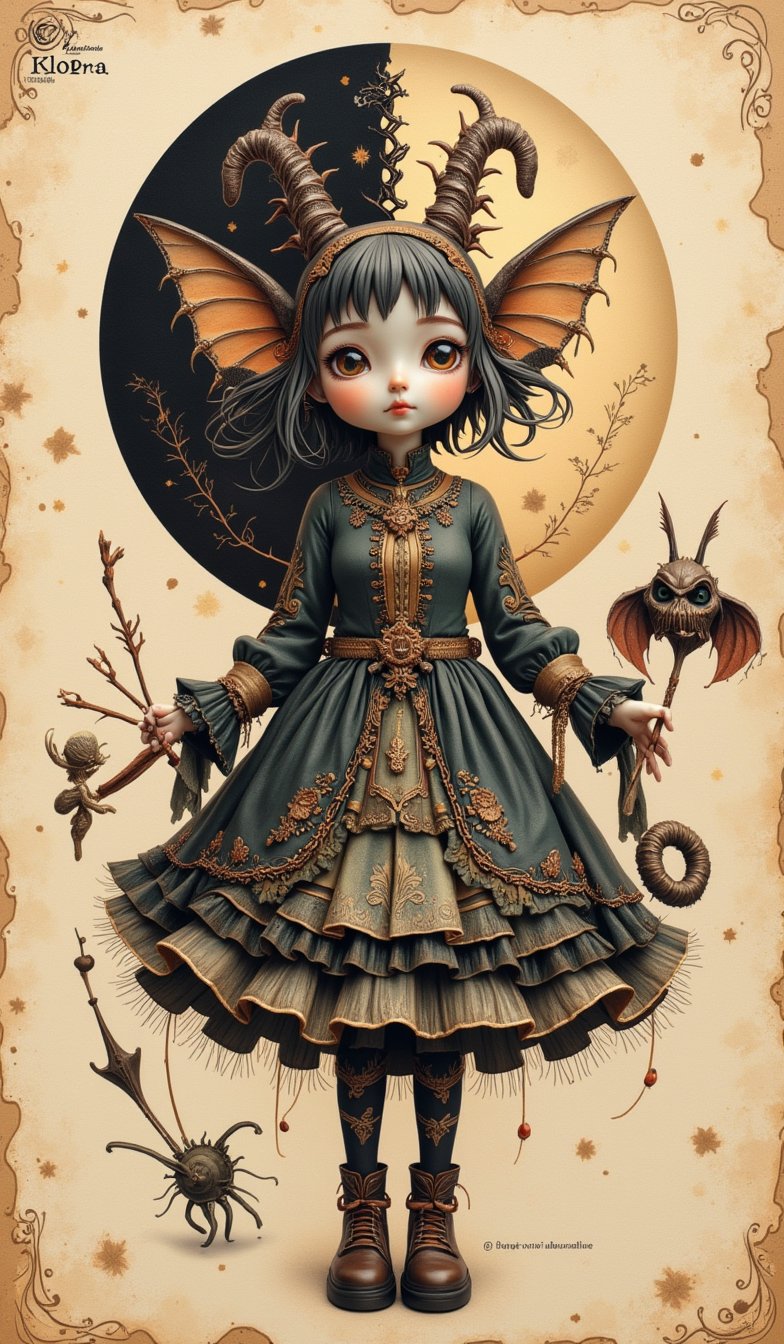 Highly detailed Halloween style figure, closed art with yin and yang parts, double exposure, yin and yang divided, one side is day, fairy, one side is night, creepy and strange creatures, , Claora, Andy Kehoe, flat, cute, vintage , cracked paper art, detailed fairy tale illustrations, luminance, pen and ink, surrealist concept art, Halloween_Figure