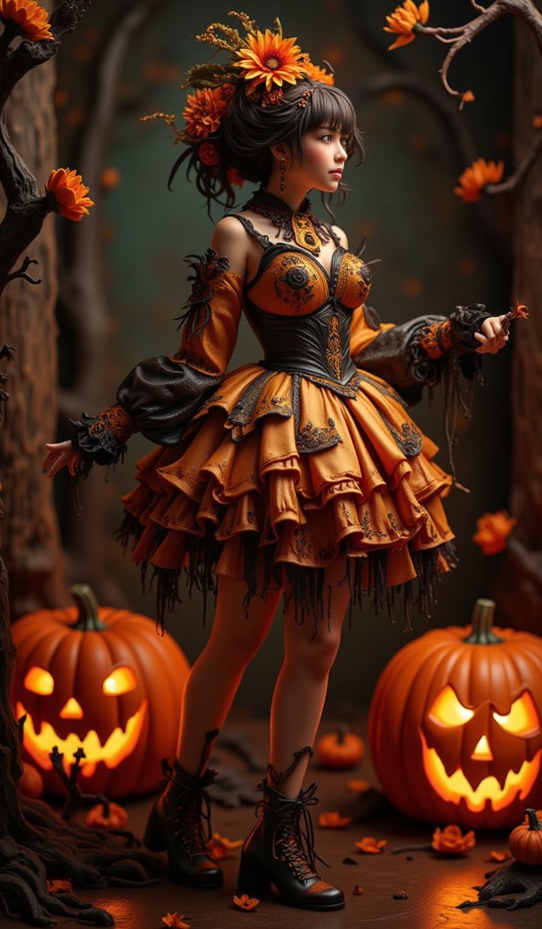 Stunning photo embodying the Rococo-punk art style, featuring a Caucasian model elegantly dressed in a Halloween pumpkin themed mini dress. The darkness surrounding her is illuminated by meticulous lighting from a softbox, capturing every intricate detail in vivid detail. Reflecting Greg Rutkowski's outstanding catalogue designs, this piece has been a hit on Artstation and would be perfect for the cover of a high-end fashion magazine.Highly detailed Halloween style figure,Halloween_Figure