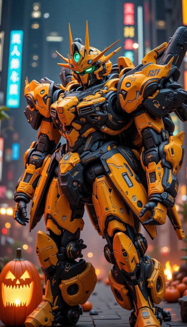 Mobile Suit, Unparalleled beauty, Neon outline, Black, Bright yellow, night view of the future city, VNS_Add more details,Halloween_Figure