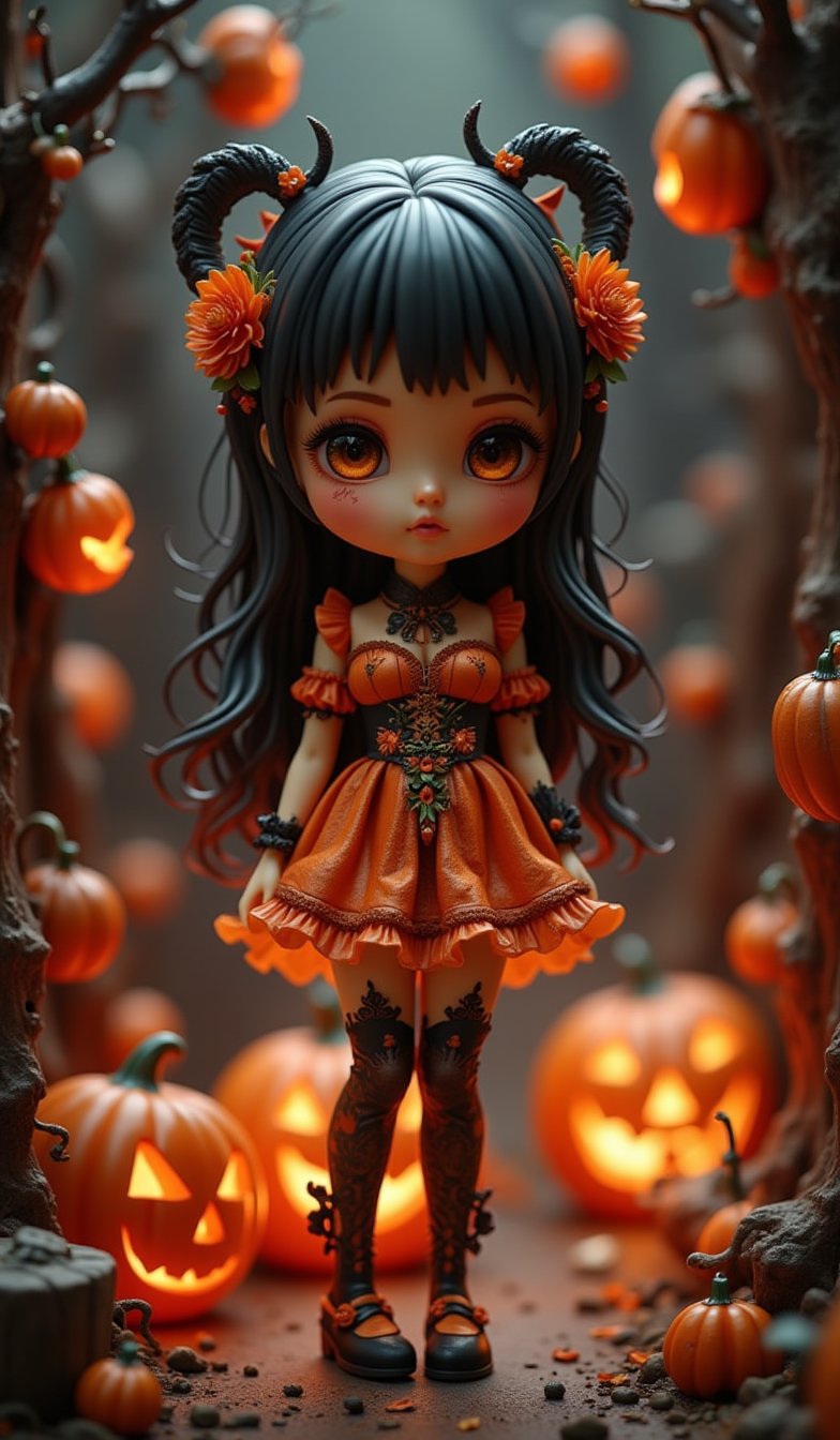 Super deformed, bobblehead style figure diorama. A stunning photo embodying the Rococo-punk art style, featuring a Caucasian model elegantly dressed in a Halloween pumpkin themed mini dress. The darkness surrounding her is illuminated by meticulous lighting from a softbox, capturing every intricate detail in vivid detail. Reflecting Greg Rutkowski's outstanding catalogue designs, this piece has been a hit on Artstation and would be perfect for the cover of a high-end fashion magazine,Halloween_Figure