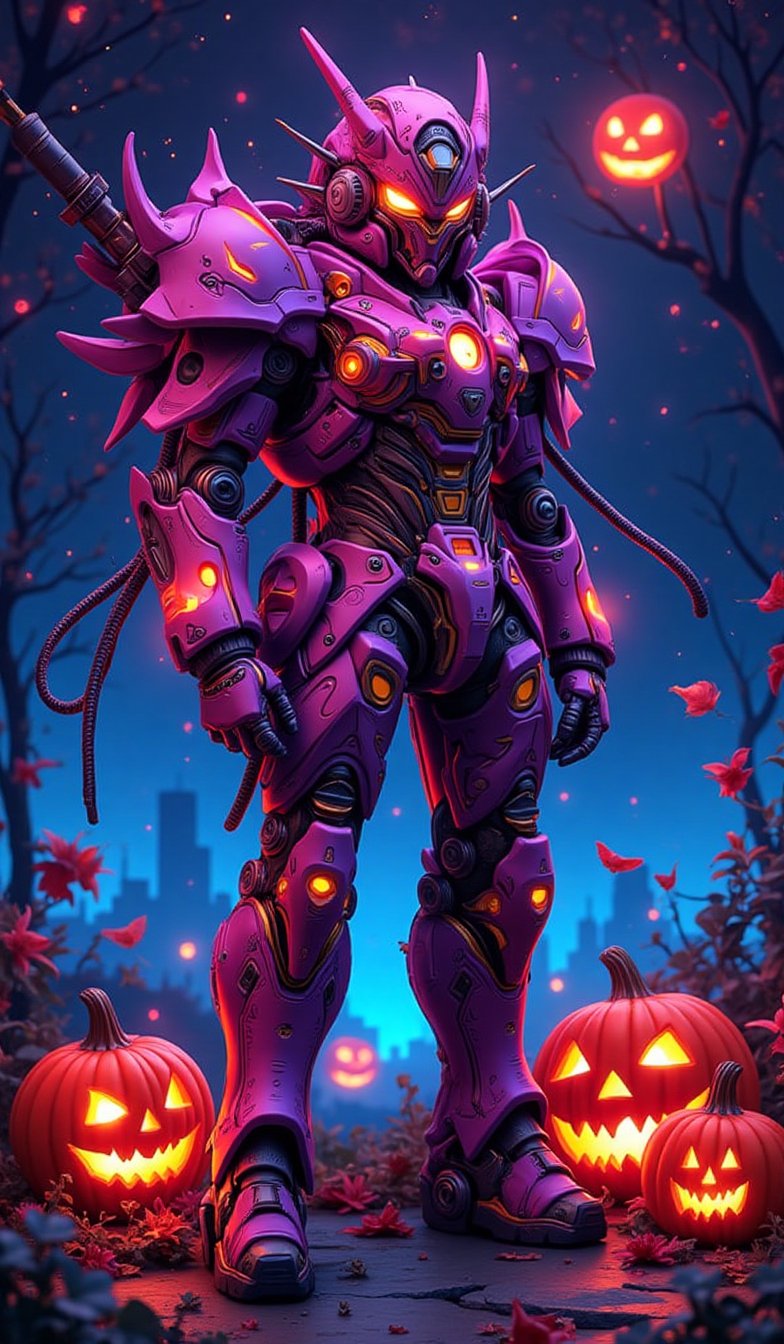 Mobile suits, Halloween style coloring, unparalleled unique designs, 🎃, neon outlines, futuristic space background,Halloween_Figure