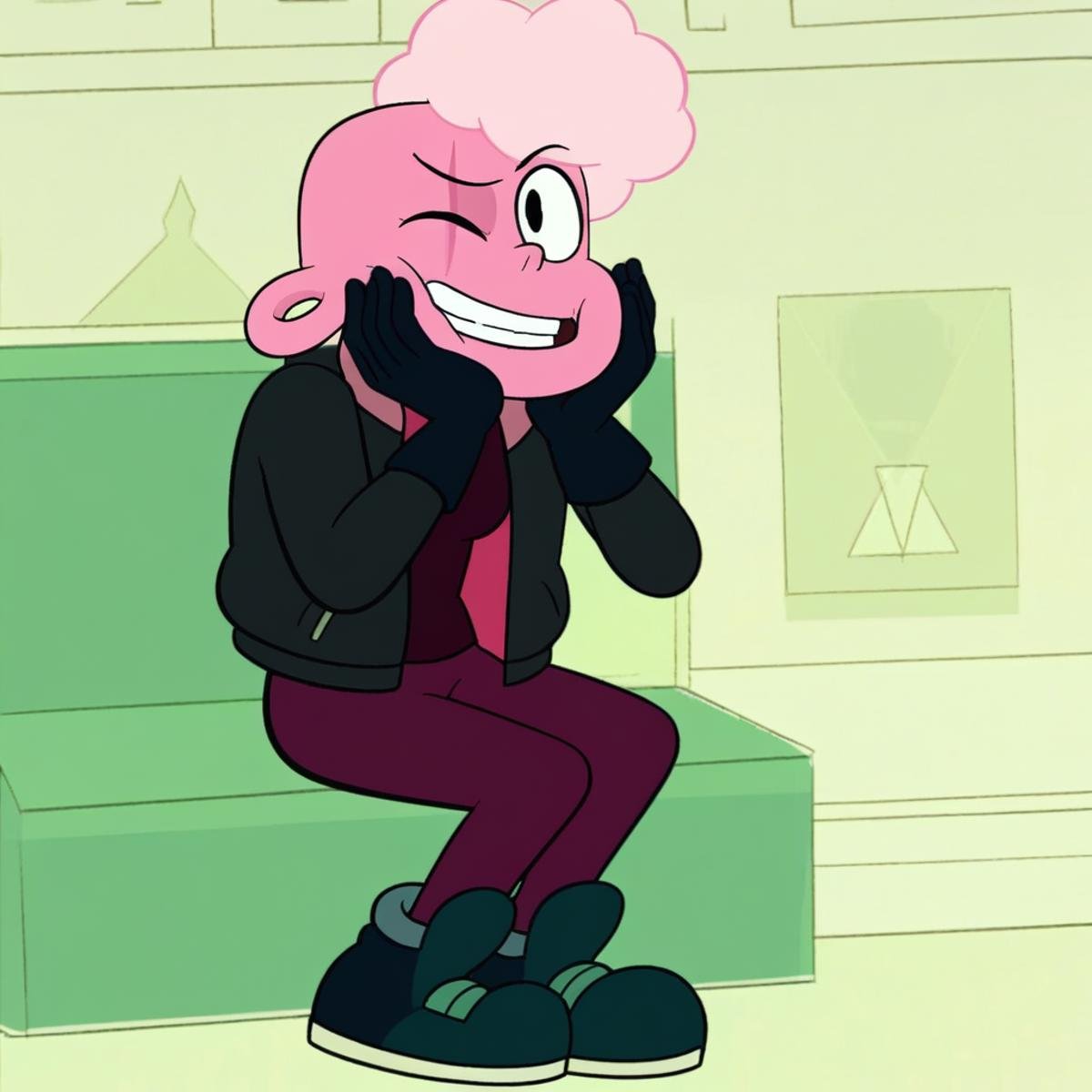 one eye closed, pink skin, full body, gloves, shoes, jacket, pink hair, teeth, hands on own face