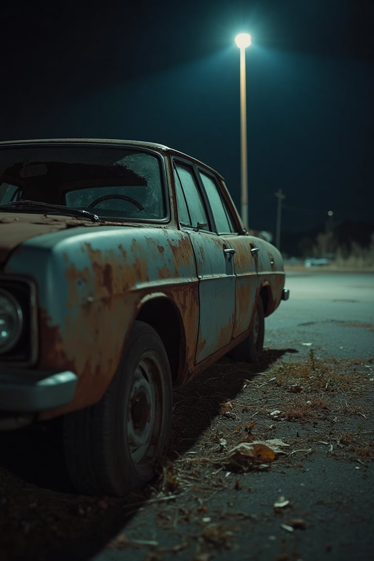 60's style photo of a night scene, a rusty car illuminated by the beam of a flashlight from the camera. The car is parked in a dimly lit, abandoned lot, with long shadows cast by the single light source. Close-up shot, low-key lighting, emphasizing the eerie atmosphere. The car's rusted exterior and broken windows create a haunting effect. The flashlight's beam barely illuminates the scene, adding to the chilling effect.