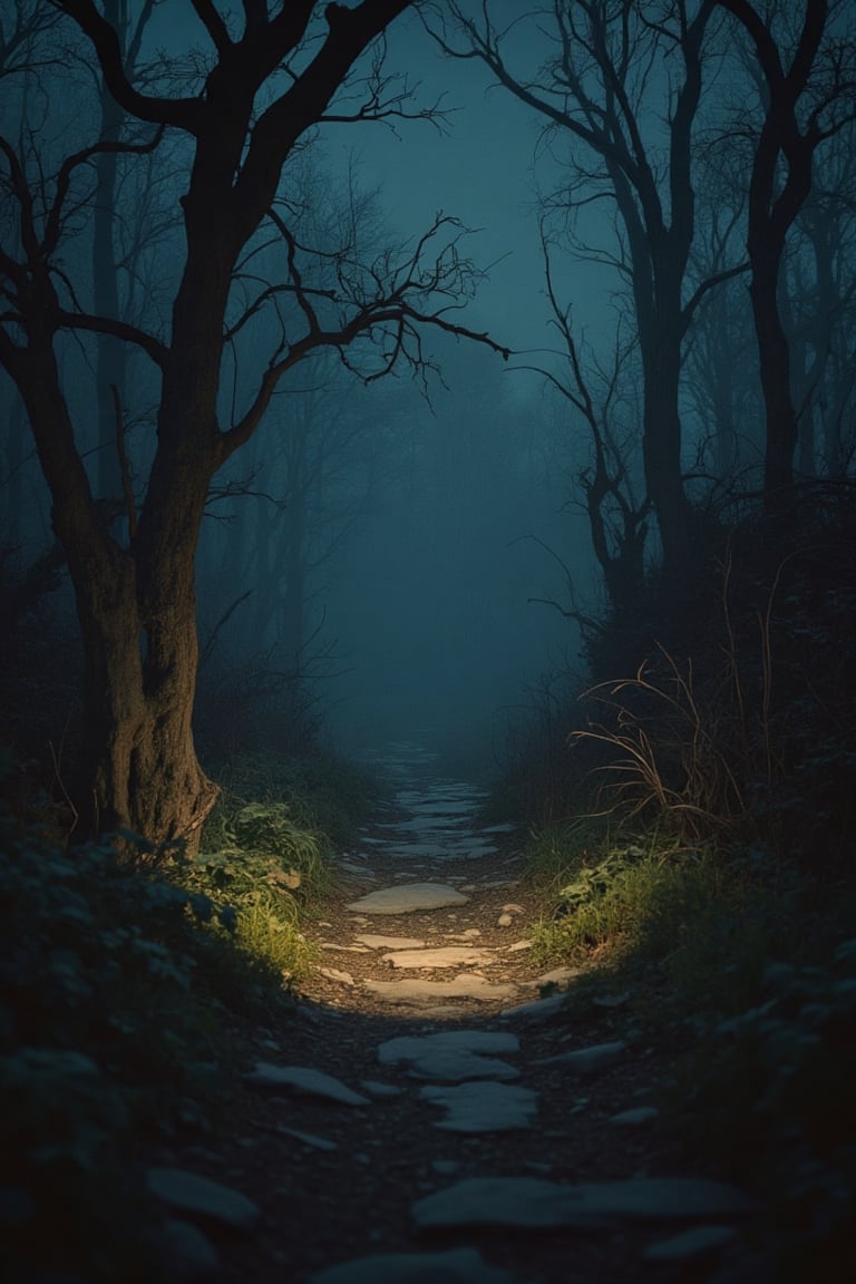 60's style photo of a small path in a forest at night, dimly lit with shadows cast by a weak flashlight from the camera. The path is surrounded by tall, twisted trees and thick underbrush. Close-up shot, low-key lighting, emphasizing the eerie atmosphere. The flashlight's beam barely illuminates the path, creating a tense and chilling effect. The scene is filled with dark, foreboding elements, adding to the haunting mood.