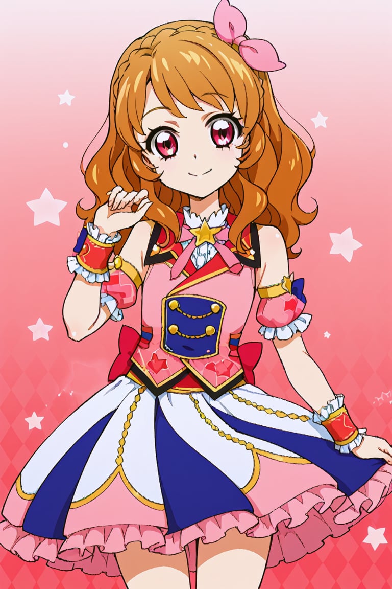 score_9, score_8_up, score_7_up, aikatsu, 1girl, solo, akari oozora, medium hair, brown hair, magenta eyes, braid, hair bow, pink bow, bow, skirt, ribbon, frills, star \(symbol\), wrist cuffs, idol, pink clothes, sleeveless, puffy sleeves, red collared shirt, red sleeves, dance