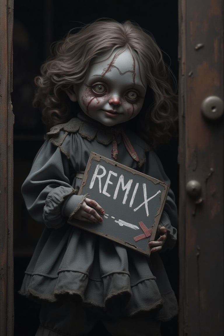 1girl, looking at viewer, haunted doll smiling and stand in front of door, holding text 'REMIX ->' with arrow sign doodle,