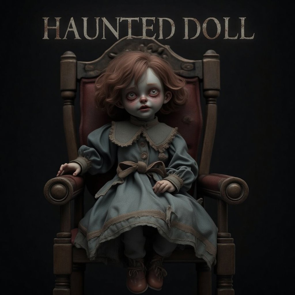 1girl, looking at viewer, haunted doll sit pose on old chair, with text 'HAUNTED DOLL' with horror font