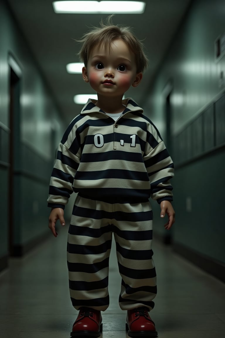 1boy, haunted doll at prison profiler , wearing a prisoner uniform with '0.1' written on it, prison setting,