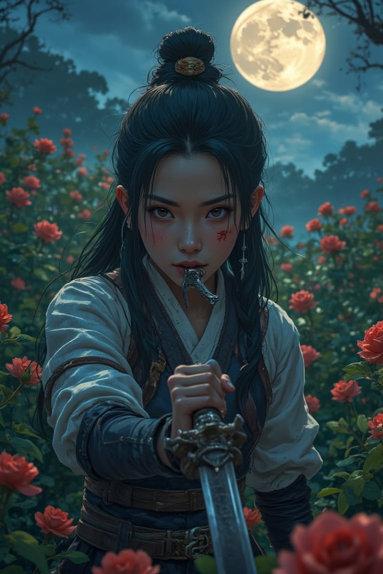 A majestic Asian warrior rises from the moonlit wilderness, surrounded by rustling red roses. Her piercing gaze sweeps across the landscape as she grasps her gleaming silver sword, its dragon's head hilt protruding from her mouth. The camera captures her commanding presence in an ultra-low angle shot, framing her scar above her left eyebrow, a testament to her many battles won. The night air is heavy with anticipation as she awaits her next challenger, sword at the ready, bathed in the soft glow of the full moon.