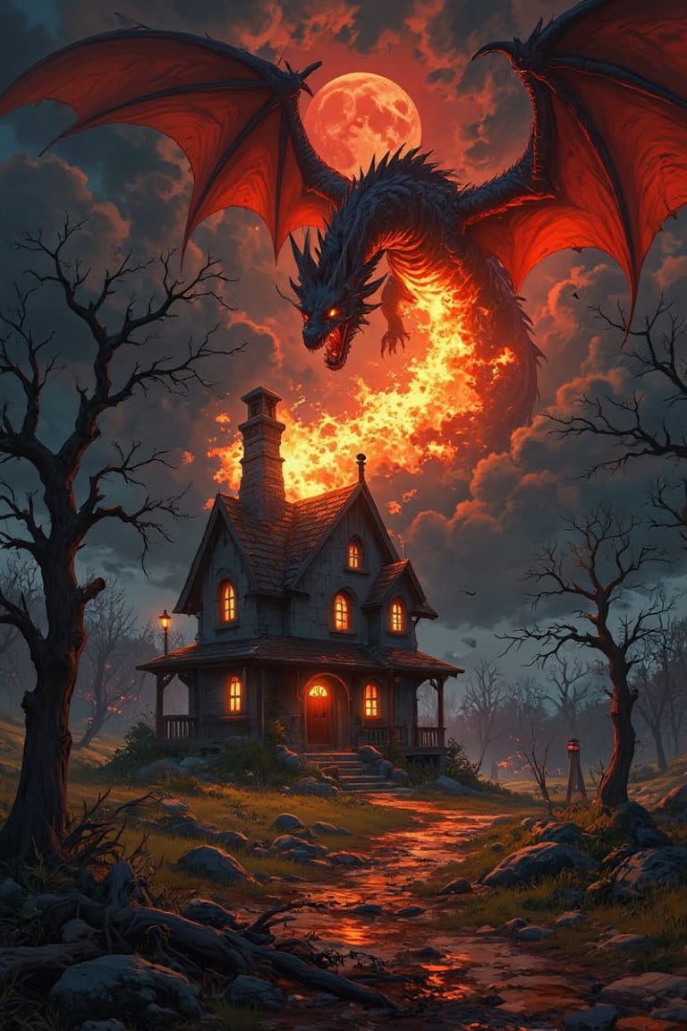 The image depicts a haunted house as the central focus, set in a dark and foreboding environment. The house is ancient, with crumbling walls and gothic architecture, surrounded by dead trees and mist. Above, an apocalyptic red moon casts an eerie glow over the scene. A massive, menacing dragon flies overhead, spewing fire towards the house, lighting up the night sky. The dragon's flames illuminate the surroundings with intense reds and oranges, adding to the terrifying atmosphere. Shadows dance across the ground as the fire spreads, and the overall lighting enhances the dramatic and ominous setting. The color palette is dominated by dark blacks, fiery reds, and glowing oranges, creating a vivid contrast between the haunted house and the destructive power of the dragon.,nice nature art