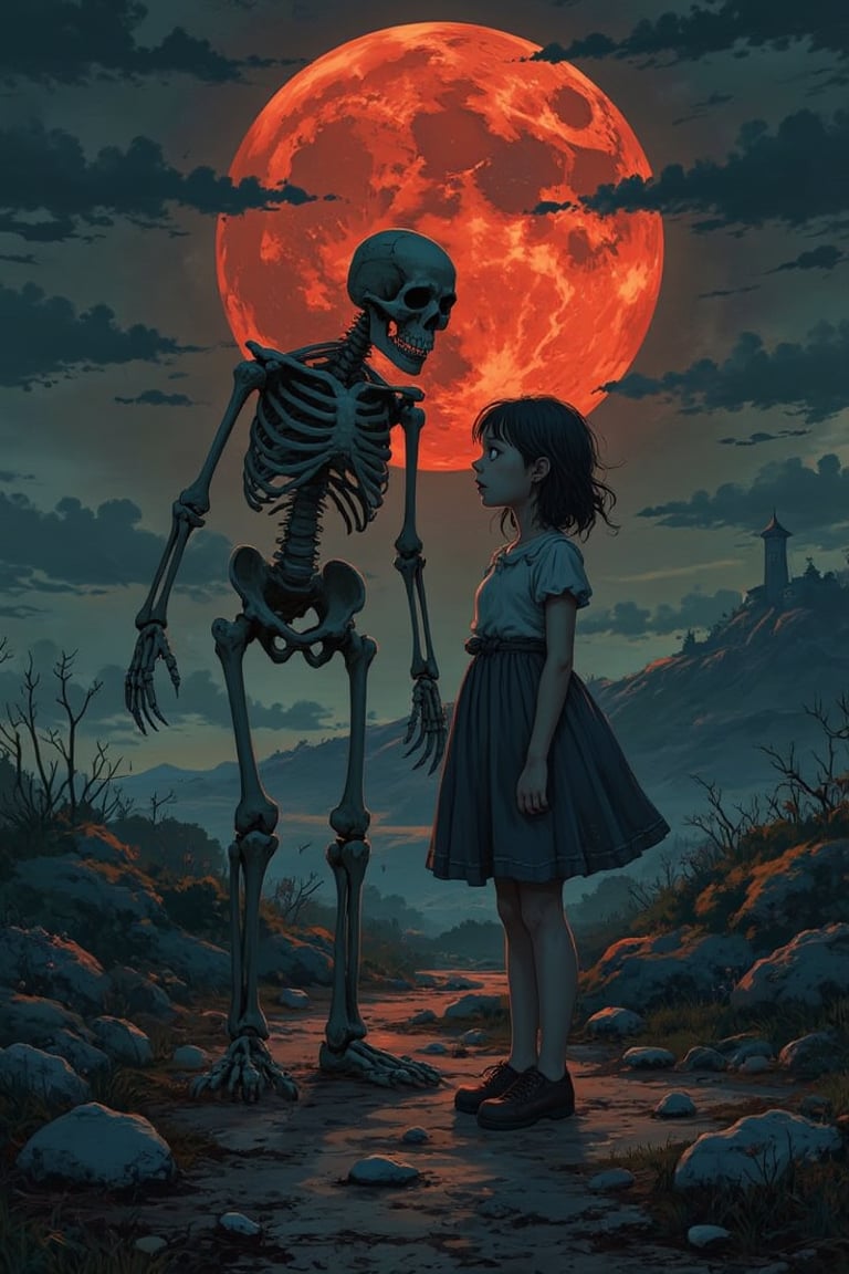 A crimson moon hangs low in the darkened sky, casting an eerie glow over the desolate landscape as a peculiar girl stands frozen beside a skeletal figure. Her eyes, wide with unease, seem to bore into the very soul, while her tense posture speaks of impending doom. The skeleton's hollow gaze and jagged bones cast macabre shadows, as if warning of the darkness that lurks within. The composition centers on the uneasy duo, surrounded by an aura of foreboding, inviting viewers to step into the realm of dread and unease.