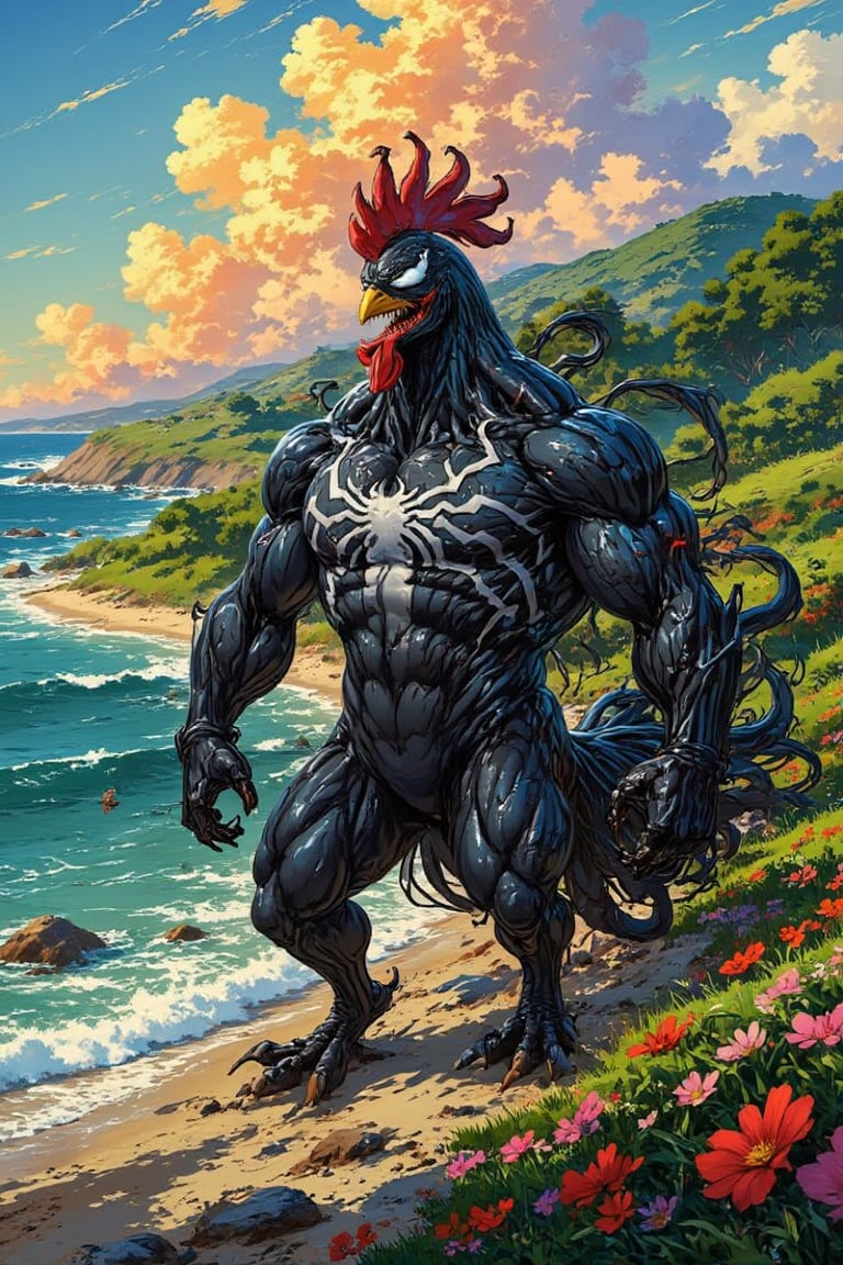 In this captivating anime-style illustration of ((Chicken:1.6)) twisted as a Venom Marvel. Hybrid as CHICKEN full chracter of chicken vibe. The chicken has shiny, iridescent feathers with hints of blue and green, and a red comb on its head. Its yellow beak is slightly open.

Have a logo title text "Last Dance" from "Marvel" logo text proudly displays at the top. 

Venom's imposing figure dominates the center, with his sharp teeth, tendrils, and muscular physique intricately woven into a vibrant nature outdoor. 

The surrounding design features flowing florals, and flower in gold, dark green, and crimson red hues, blending harmoniously with Venom's dark presence. 

His massive size fills the frame, elements balance the composition, creating a striking fusion of culture nature floral at beach.,