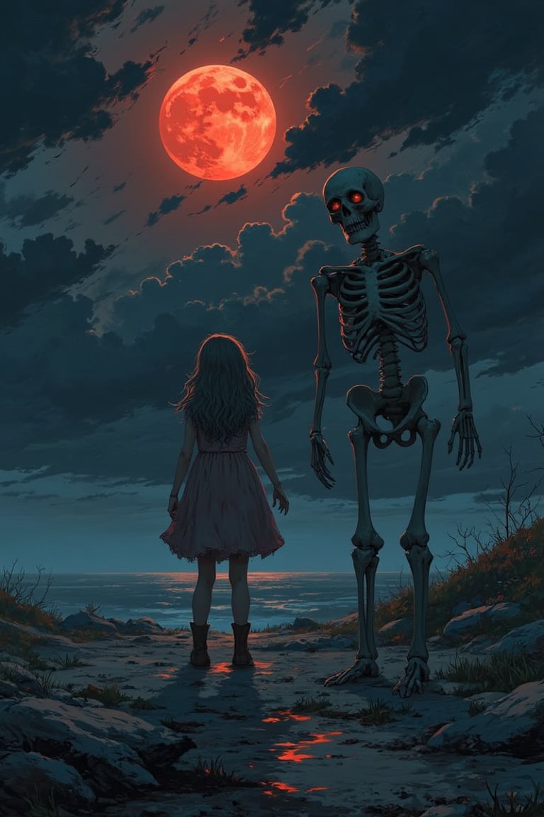 A crimson moon hangs low in the darkened sky, casting an eerie glow over the desolate landscape as a peculiar girl stands frozen beside a skeletal figure. Her eyes, wide with unease, seem to bore into the very soul, while her tense posture speaks of impending doom. The skeleton's hollow gaze and jagged bones cast macabre shadows, as if warning of the darkness that lurks within. The composition centers on the uneasy duo, surrounded by an aura of foreboding, inviting viewers to step into the realm of dread and unease.