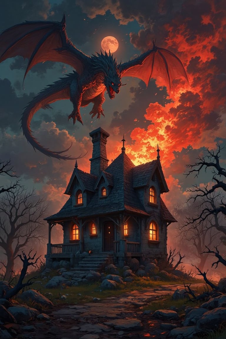 The image depicts a haunted house as the central focus, set in a dark and foreboding environment. The house is ancient, with crumbling walls and gothic architecture, surrounded by dead trees and mist. Above, an apocalyptic red moon casts an eerie glow over the scene. A massive, menacing dragon flies overhead, spewing fire towards the house, lighting up the night sky. The dragon's flames illuminate the surroundings with intense reds and oranges, adding to the terrifying atmosphere. Shadows dance across the ground as the fire spreads, and the overall lighting enhances the dramatic and ominous setting. The color palette is dominated by dark blacks, fiery reds, and glowing oranges, creating a vivid contrast between the haunted house and the destructive power of the dragon.,nice nature art