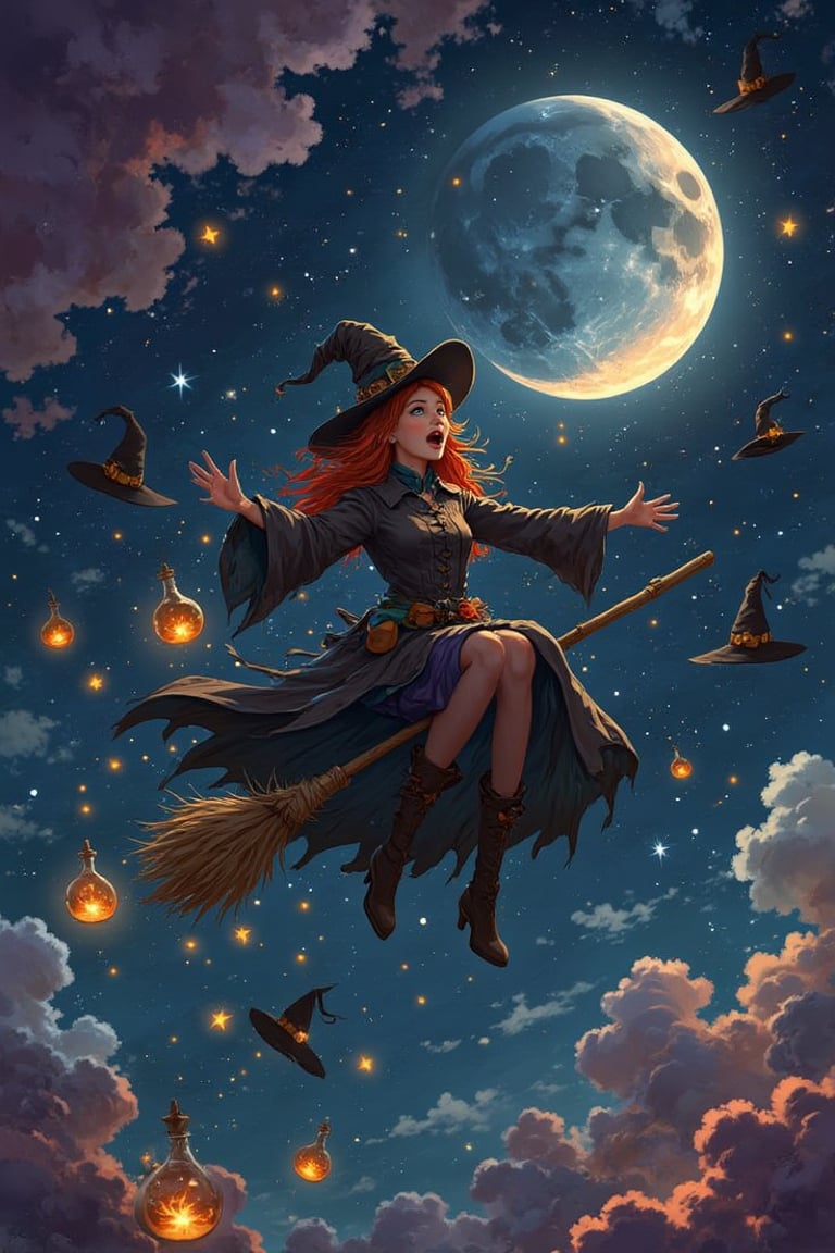 A bewitching Halloween scene: A beautiful woman, wild-haired witch with mismatched attire, soars above crescent moon on trusty broom. Potion ingredients spill in all directions as she exclaims in shock against dark, starry sky aglow with distant, glowing witch hats. Swirling clouds add whimsical atmosphere. Clouds of purple and pink hues blend with moon's soft light, highlighting witch's ecstatic pose, while scattered potion bottles and twinkling stars create a sense of magic and wonder.