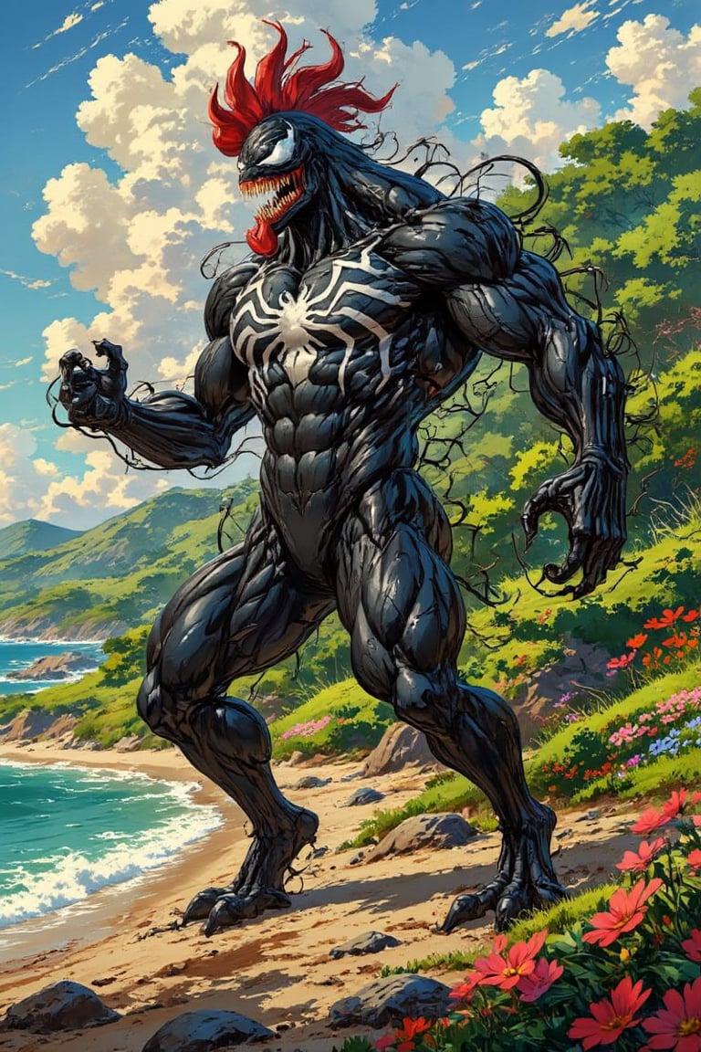 In this captivating anime-style illustration of ((Chicken:1.5)) twisted as a Venom Marvel. Hybrid as CHICKEN full chracter of chicken vibe.

Have a logo title text "Last Dance" from "Marvel" logo text proudly displays at the top. 

Venom's imposing figure dominates the center, with his sharp teeth, tendrils, and muscular physique intricately woven into a vibrant nature outdoor. 

The surrounding design features flowing florals, and flower in gold, dark green, and crimson red hues, blending harmoniously with Venom's dark presence. 

His massive size fills the frame, elements balance the composition, creating a striking fusion of culture nature floral at beach.,