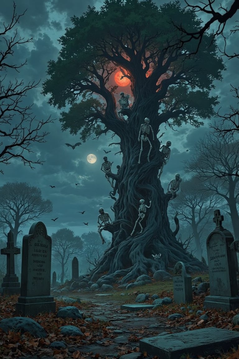 A haunting 8K masterpiece: In the foreground, weathered tombstones rise from the earth, bearing ancient epitaphs amidst a carpet of dry leaves and misty fog. A behemoth tree, its gnarled trunk twisted by time, ascends to the crimson moon, dense foliage like skeletal fingers reaching for the sky. Skeletal hands grasp the trunk, as bony figures descend, their empty eye sockets seeming to stare into the darkness. Bat-like silhouettes dart and weave above, while the soft, ethereal glow of moonlight casts an otherworldly sheen on this macabre tableau.