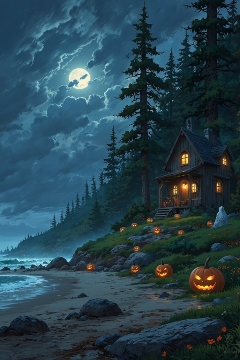 A haunting scene unfolds: eerie mist swirls through the forest, while abandoned town's soft glow emanates from analog lanterns, like jack-o'-lanterns. Winding rock path leads to a beachside Halloween party at dusk, where star-lluminated skies meet the sea. Pumpkin lanterns illuminate misty shore, where ghostly figures sit and stroll, one lurks behind twisted tree shrouded in subtle fog and moonlit highlights, casting an ominous cinematic horror environment.