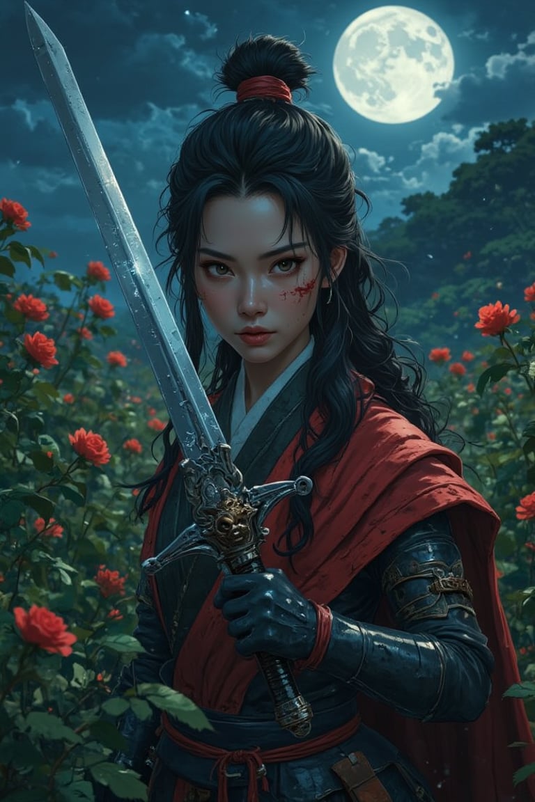 A majestic Asian warrior rises from the moonlit wilderness, surrounded by rustling red roses. Her piercing gaze sweeps across the landscape as she grasps her gleaming silver sword, its dragon's head hilt protruding from her mouth. The camera captures her commanding presence in an ultra-low angle shot, framing her scar above her left eyebrow, a testament to her many battles won. The night air is heavy with anticipation as she awaits her next challenger, sword at the ready, bathed in the soft glow of the full moon.