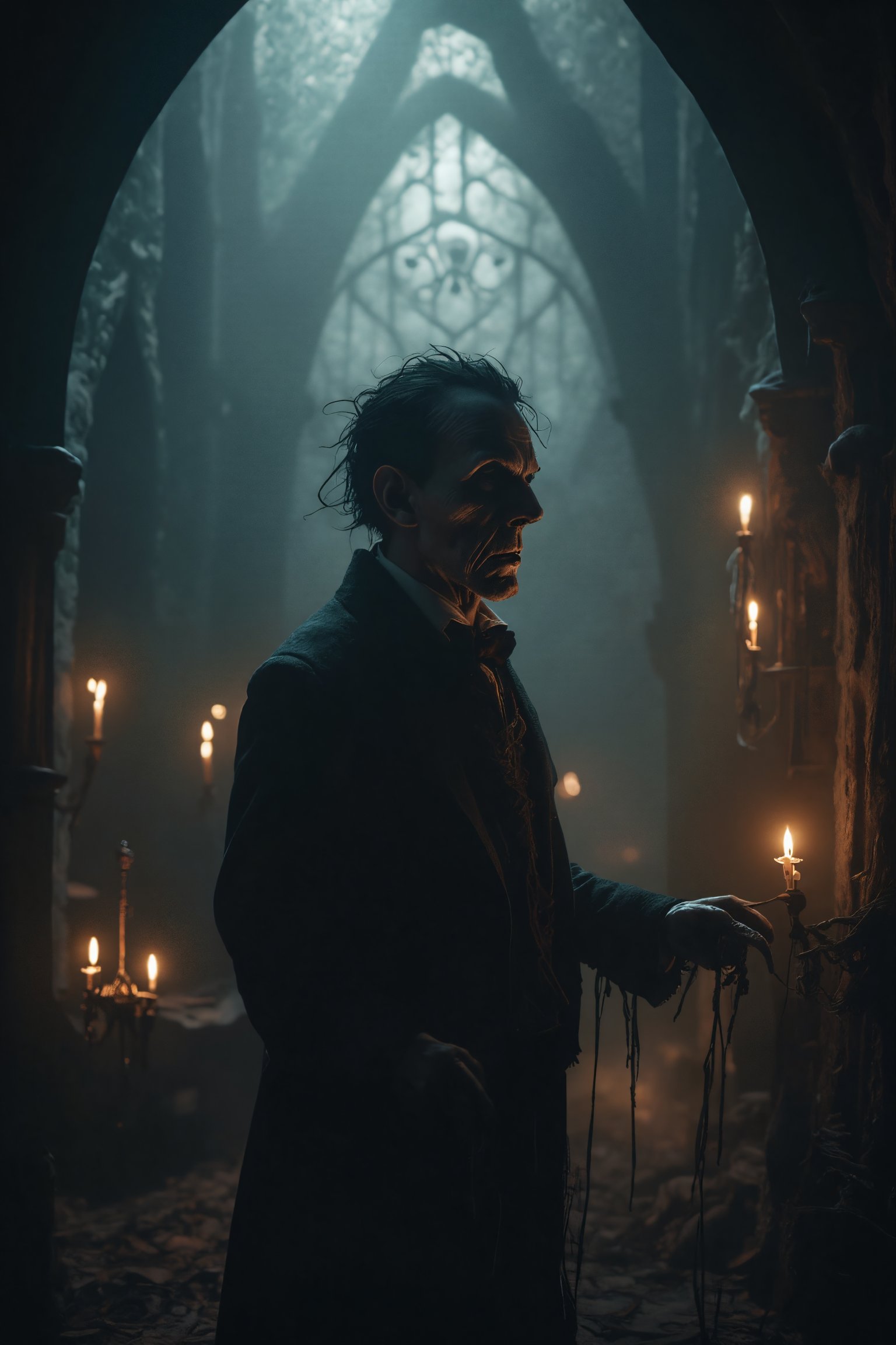 A gaunt, pale-skinned man with sunken eyes and dark hair, dressed in tattered Victorian attire, stands in a mist-shrouded, dimly lit chamber, reminiscent of a Gothic-era crypt. Soft, volumetric lighting casts an ethereal glow, accentuating the eerie atmosphere, as seen through a shallow depth of field, with the undead man's face in sharp focus. Inspired by the works of Tim Burton, the scene features muted, desaturated colors, with a warm, golden glow emanating from flickering candles placed throughout the room, casting long shadows on the walls. The 8k resolution and subtle film grain evoke a sense of nostalgia, while the overall mood is one of foreboding and unease, characteristic of a classic horror establishing shot.