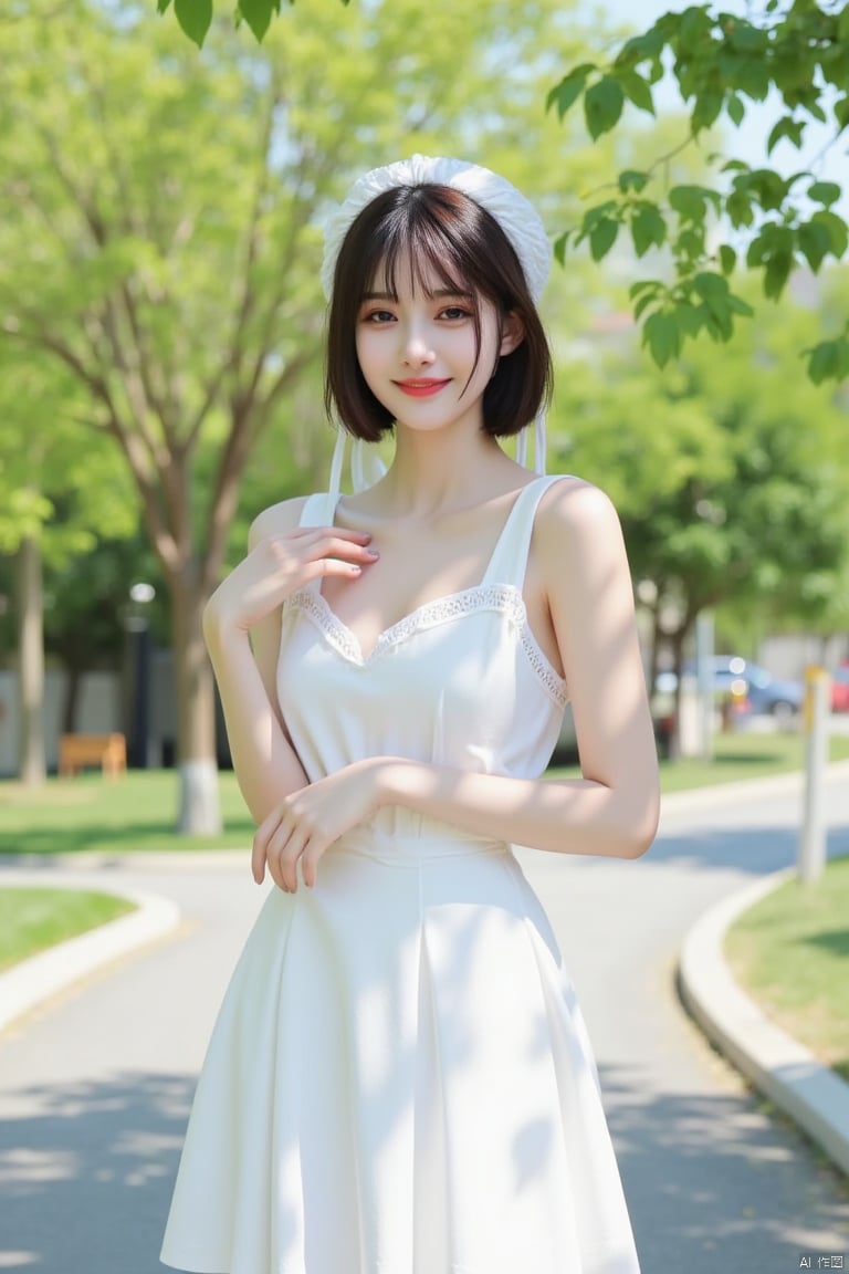 A girl in a white skirt with suspenders,smiling,small fresh style,with a white lace-edged headscarf on her head,natural light,contour light,Tindal effect,behind her is a park,blurred background,front half-length photography,HD film,high shade,Light and shadow, shot withFuji camera, HD photography,high shade definition,say photography,