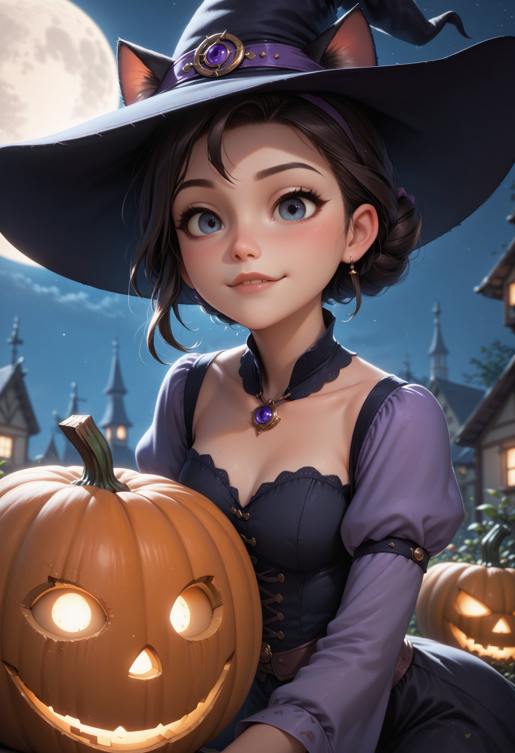 score_9, score_8_up, score_7_up, score_cartoon, Female witch, close-up, detailed face, cat ears over hat, full moon, night, jack-o-lantern, disney style 