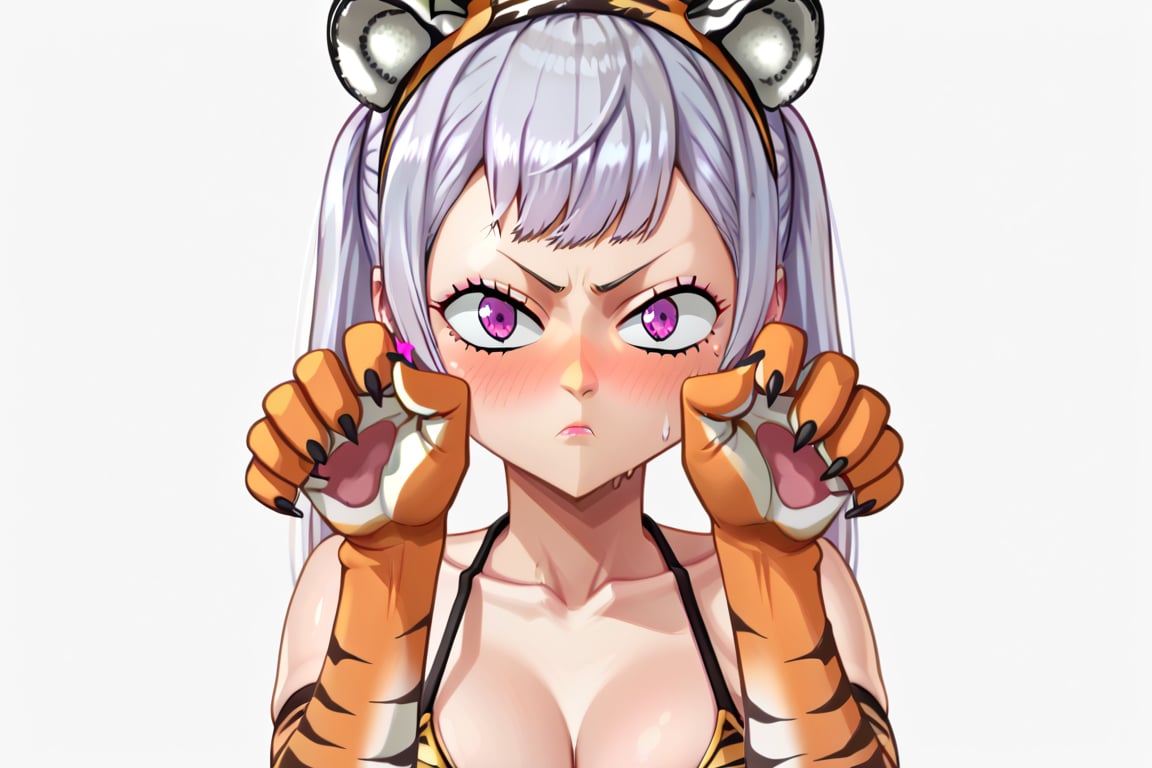 score_9, score_8_up, score_7_up, score_6_up, Masterpiece, best quality, high quality, highres, 4k, 1girl, 1girl, BREAK, Source_anime, anime screencap,
1girl, Noelle silva, silver hair, twintails, purple eyes, 

((orange tiger print bikini, orange tiger print elbow gloves, tiger print stockings, fake orange tiger tail, orange fake tiger ears hairband, fake tail)):1,

, ((close-up of face, upper body,  ,)):1

, ((White background blank background)):1
,((blackcloverxl