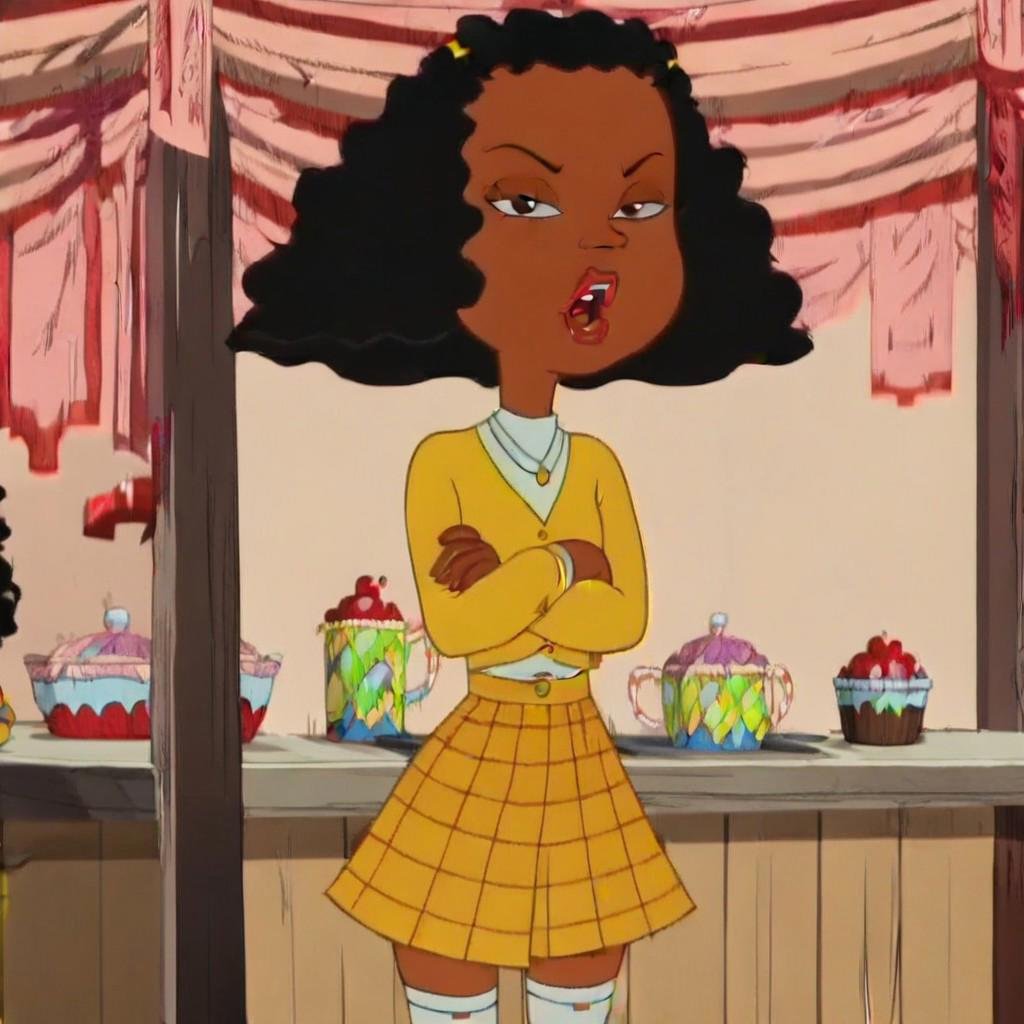 narrow waist, wide hips, flat chest, looking at viewer, crossed arms, half closed eyes, open mouth, teeth, high quality, highres, masterpiece,cartoon, screencap, source_cartoonAshley Boulet, (1girl:1.6) dark-skinned female, black hair, afro, lips, yellow sweater, white shirt, necklace, yellow skirt, plaid skirt, white thighhighs, black shoes