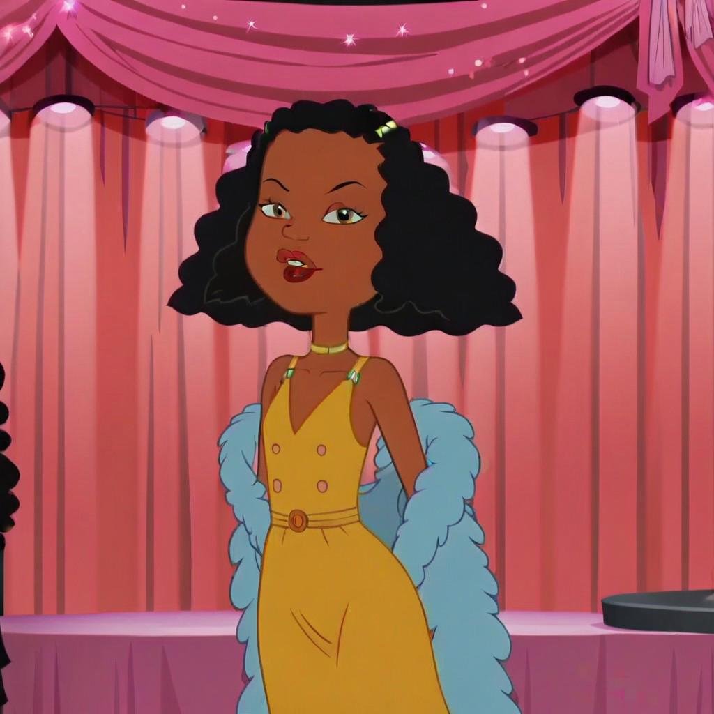 narrow waist, wide hips, flat chest, looking at viewer, dress, feather boa, stage, spotlight, high quality, highres, masterpiece, absurdres,cartoon, screencap, source_cartoonAshley Boulet, 1girl, dark-skinned female, black hair, afro, lips