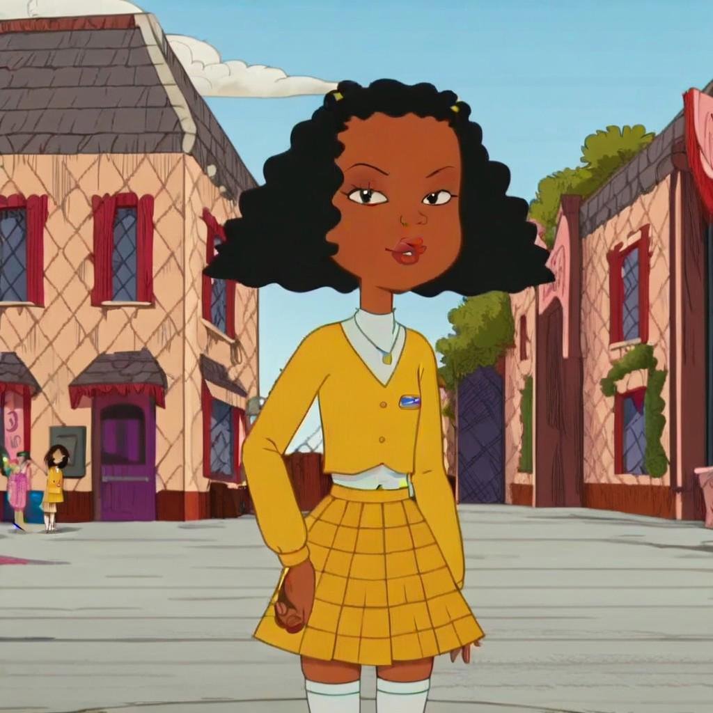 narrow waist, wide hips, flat chest, looking at viewer, high quality, highres, masterpiece, absurdres,cartoon, screencap, source_cartoonAshley Boulet, (1girl:1.6) dark-skinned female, black hair, afro, lips, yellow sweater, white shirt, necklace, yellow skirt, plaid skirt, white thighhighs, black shoes