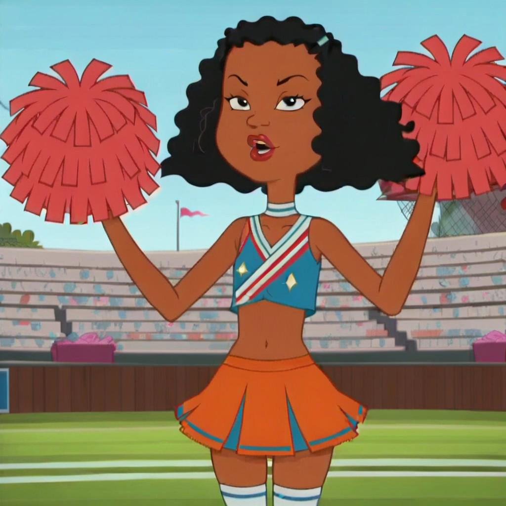 narrow waist, wide hips, flat chest, looking at viewer, cheerleader, pom pom \(cheerleading\), high quality, highres, masterpiece, absurdres,cartoon, screencap, source_cartoonAshley Boulet, (1girl:1.6) dark-skinned female, black hair, afro, lips,