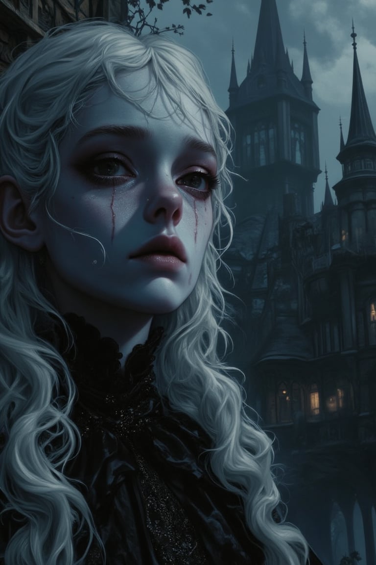 A haunting close-up of a regal woman with ghostly pale skin and vacant, black eyes, her face frozen in an eerie calm as if suspended between life and death. White smoke-like hair curls into darkness behind her, while an intricate gothic gown shimmers faintly in dim light, contrasted by translucent skin revealing faint, unnatural veins. In the background, a crumbling castle looms through fog, shadows whispering secrets as she gazes with unsettling emptiness.