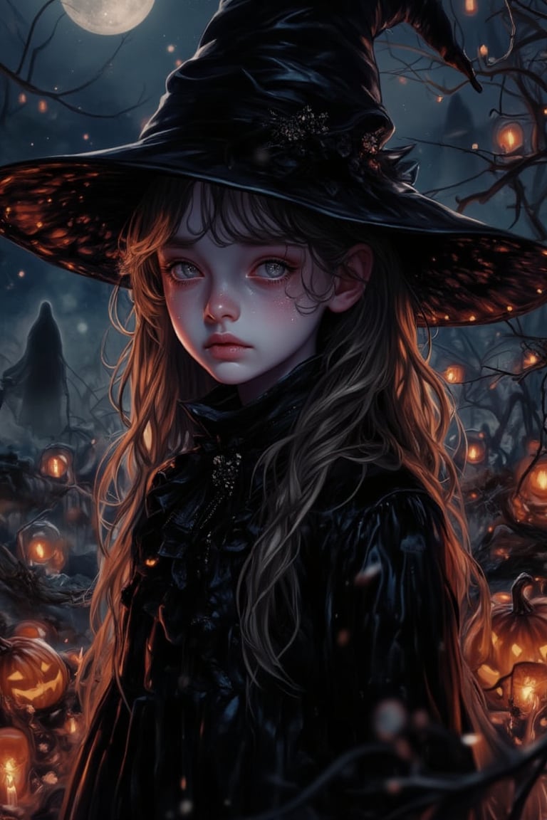 A mesmerizing close-up digital illustration of a young girl in an enchanting Halloween costume, her face framed by soft, glowing moonlight. Her eyes sparkle with mystery, and her flowing hair catches the light in delicate strands. The dark, misty background is illuminated by ethereal, glowing pumpkins and flickering candles, casting intricate shadows across her face. In the distance, faint whispers of ghostly figures swirl through a dreamy fog. The scene evokes a hauntingly beautiful, elegant Halloween thriller, blending suspense and charm in a surreal, magical atmosphere