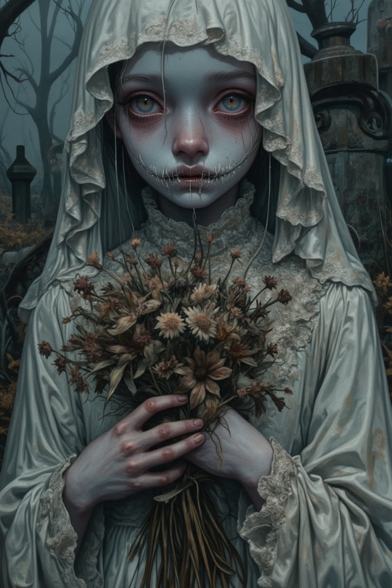 A close-up of a ghostly bride, her mouth sewn shut with thin, dark threads. Her eyes are wide and glassy, as though filled with silent screams, and her delicate hands are clasped tightly around an old, decayed bouquet of wilted flowers. Her wedding dress, once pure, is now tattered and yellowed with age, barely clinging to her frail frame. The background is a forgotten, overgrown graveyard with mist swirling around headstones and dead trees. Her expression is vacant and lost, her presence unnerving, a tragic figure eternally waiting, caught in an endless silence