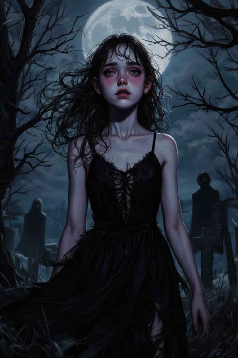 "Nightmare's Embrace" Main character: A young woman, eyes wide with fear, wearing a torn and tattered dress. Background: A dark, foggy graveyard illuminated by a pale moon. Supporting characters: Shadows of sinister figures lurking in the background. Branding type: Gothic horror.