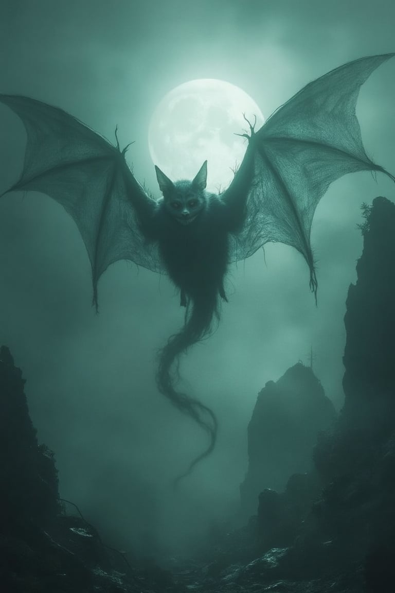 A fusion of a phantom bat and a ghostly spirit, its wings made of shadowy mist and its form only visible when it swoops through the moonlight, casting an eerie glow on the landscape below.