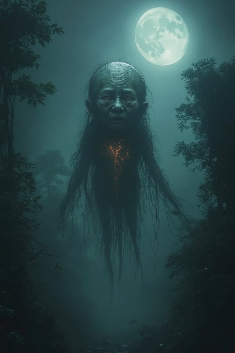 Leak, a shape-shifting ghost from Bali, its floating head and entrails glowing faintly in the night as it hovers through the dark forests, with the full moon illuminating its gruesome, bloodthirsty appearance