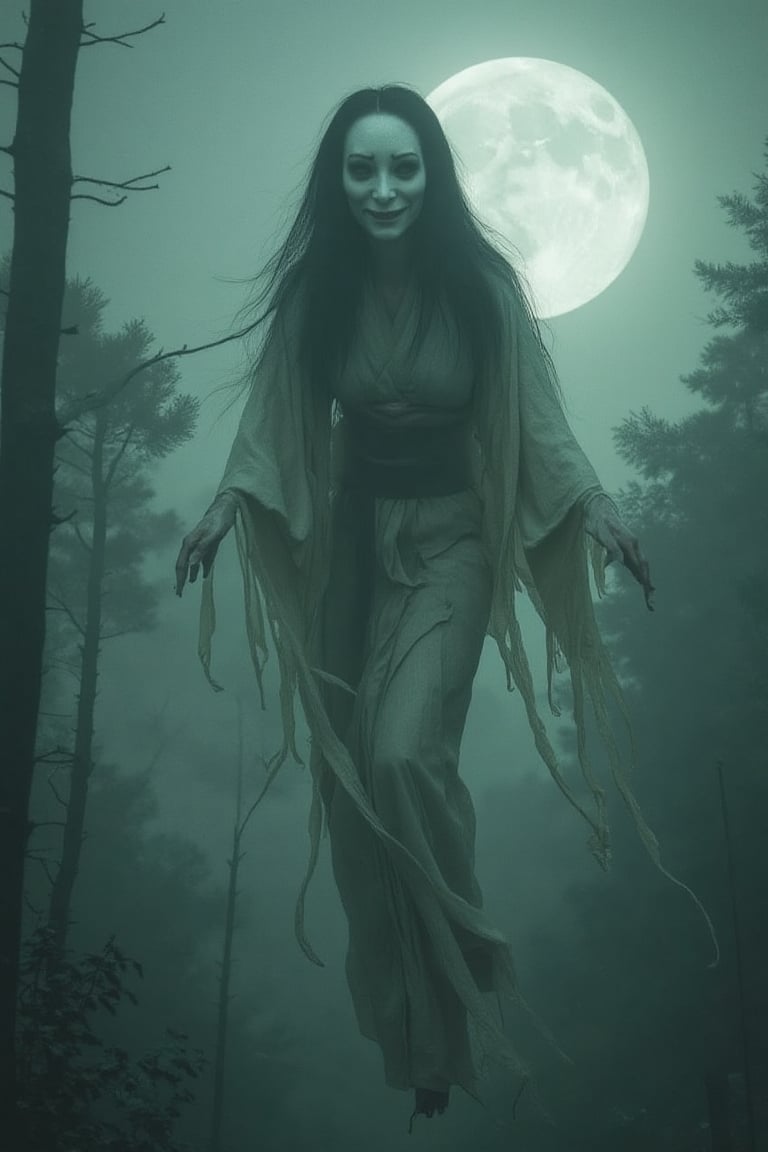 "A terrifying Yurei ghost floating above a dark forest, its long black hair hanging down and face pale and emotionless, wearing a tattered white kimono as the full moon casts an eerie glow on its ethereal form