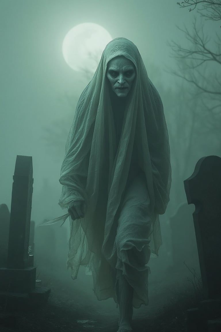 Pocong, a ghost wrapped in a burial shroud, hopping through a misty graveyard under the pale light of the full moon, its face eerily peeking from the tightly tied fabric, eyes staring lifelessly ahead