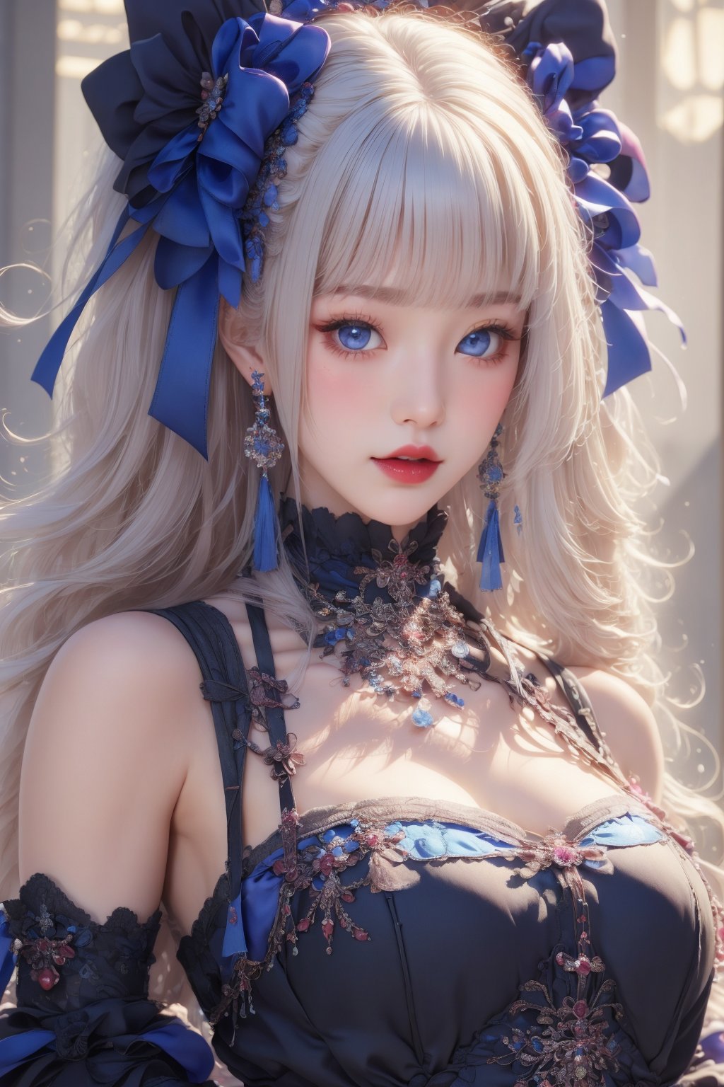 busty and sexy girl, 8k, masterpiece, ultra-realistic, best quality, high resolution, high definition, 1girl, solo, long hair, looking at viewer, blush, bangs, blue eyes, dress, bow, ribbon, jewelry, closed mouth, hair ribbon, upper body, white hair, hair bow, earrings, frills, black dress, parted bangs, eyelashes, blue bow, blue ribbon, pale skin, red lips