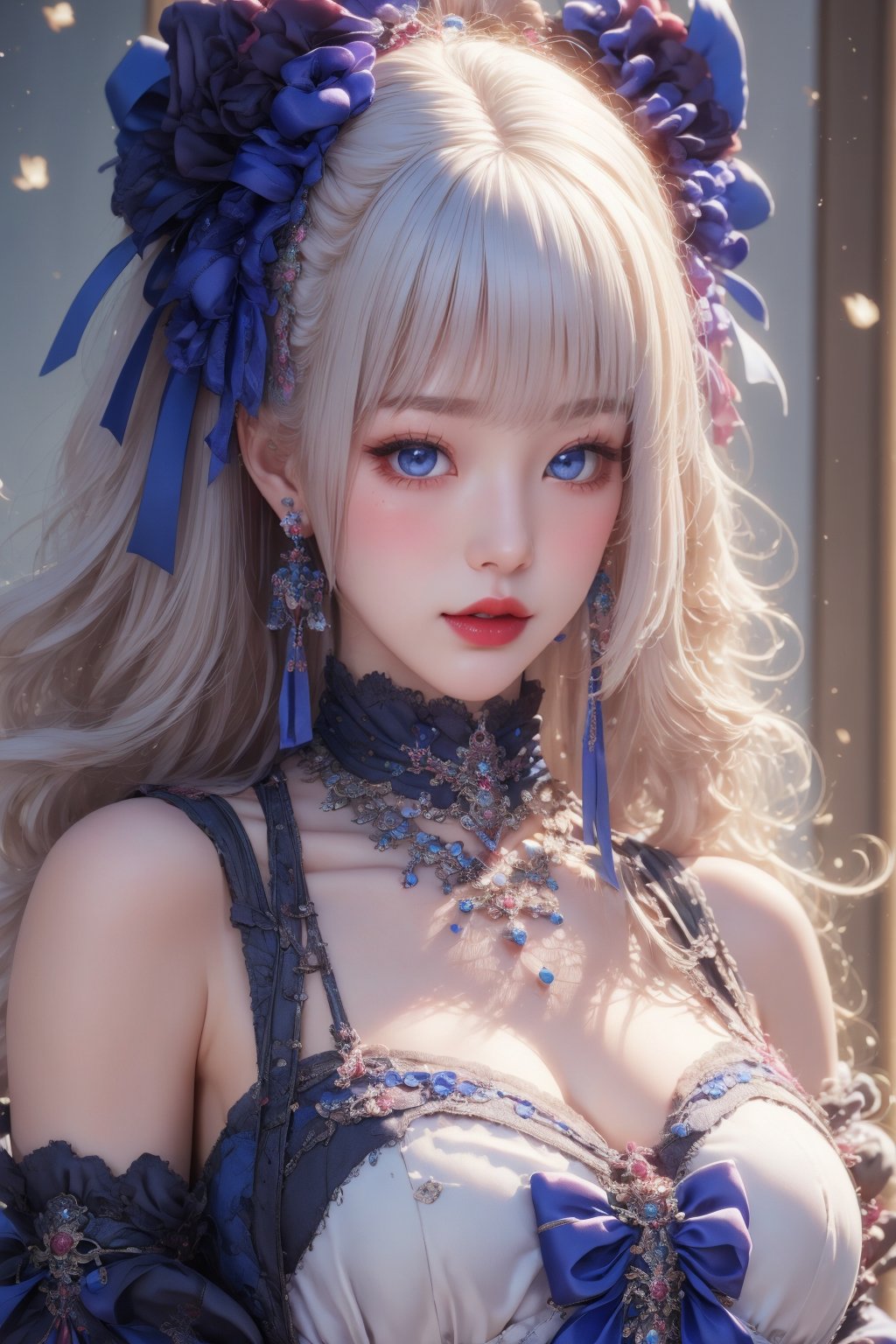 busty and sexy girl, 8k, masterpiece, ultra-realistic, best quality, high resolution, high definition, 1girl, solo, long hair, looking at viewer, blush, bangs, blue eyes, dress, bow, ribbon, jewelry, closed mouth, hair ribbon, upper body, white hair, hair bow, earrings, frills, black dress, parted bangs, eyelashes, blue bow, blue ribbon, pale skin, red lips