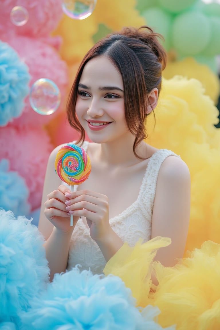 A whimsical Andersen-inspired scene unfolds. A ,Syifa Hadju sits serenely on a colorful cloud of blue, pink, yellow and green, her delicate hands holding a magnificent lollipop decorated with vivid swirls. The subject’s characteristically intricately detailed skin, defined eyebrows and happy smile are anatomically correct. Surrounded by lush and unpredictable transparent bubbles, the girl’s realistic face invites reflection. In the midst of the unrealistic scene and situation, the sweet atmosphere is heightened by the exquisitely beautiful and aesthetically pleasing cinematic lighting.,Midjourney_Whisper