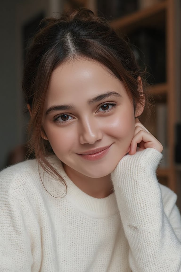 A girl Syifa Hadju. She is looking at the viewer with bright and loving eyes. She is leaning forwardal. Close-up of face, very detailed. She is wearing a perfect soft sweater. Hasselblad H6D-400c MS, low exposure, high contrast, ISO 100, with a 120mm macro lens.