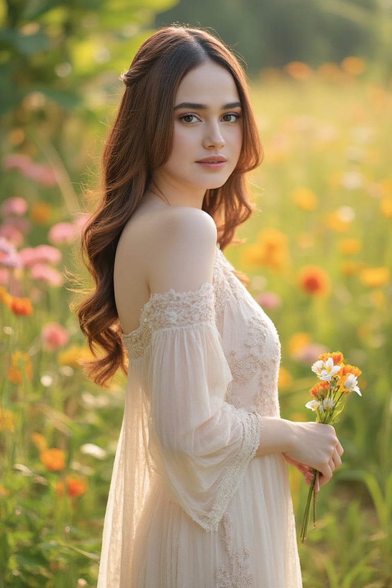 A stunningly front view beautiful Syifa Hadju embodying the essence of femininity, fertility, and purity, standing gracefully in a sunlit meadow filled with blooming wildflowers. Her long, brown hair, reminiscent of golden wheat, cascades down her back, catching the light and shimmering like a halo around her. She wears a delicate, ethereal gown made of soft, sheer fabric that billows gently with the breeze, accentuating her graceful figure and evoking a sense of innocence and serenity. The camera captures her from a low, upward angle, emphasizing her stature and the divine quality of her presence, making her appear as if she is emerging from nature itself. The sunlight filters through the trees, creating a dappled effect around her, and illuminating her flawless skin, which glows with a natural radiance. Her deep green eyes, reflecting the beauty of the meadow, are filled with warmth and compassion, inviting viewers to connect with her essence. In one hand, she holds a cluster of vibrant wildflowers, symbolizing life and fertility, while the other gently rests on her heart, signifying love and purity. The background is a soft blur of colorful flowers and greenery, creating a dreamy atmosphere that enhances her ethereal beauty. This portrait captures not only the visual appeal but also the profound essence of womanhood, leaving viewers in awe of the stunning portrayal of femininity and grace.