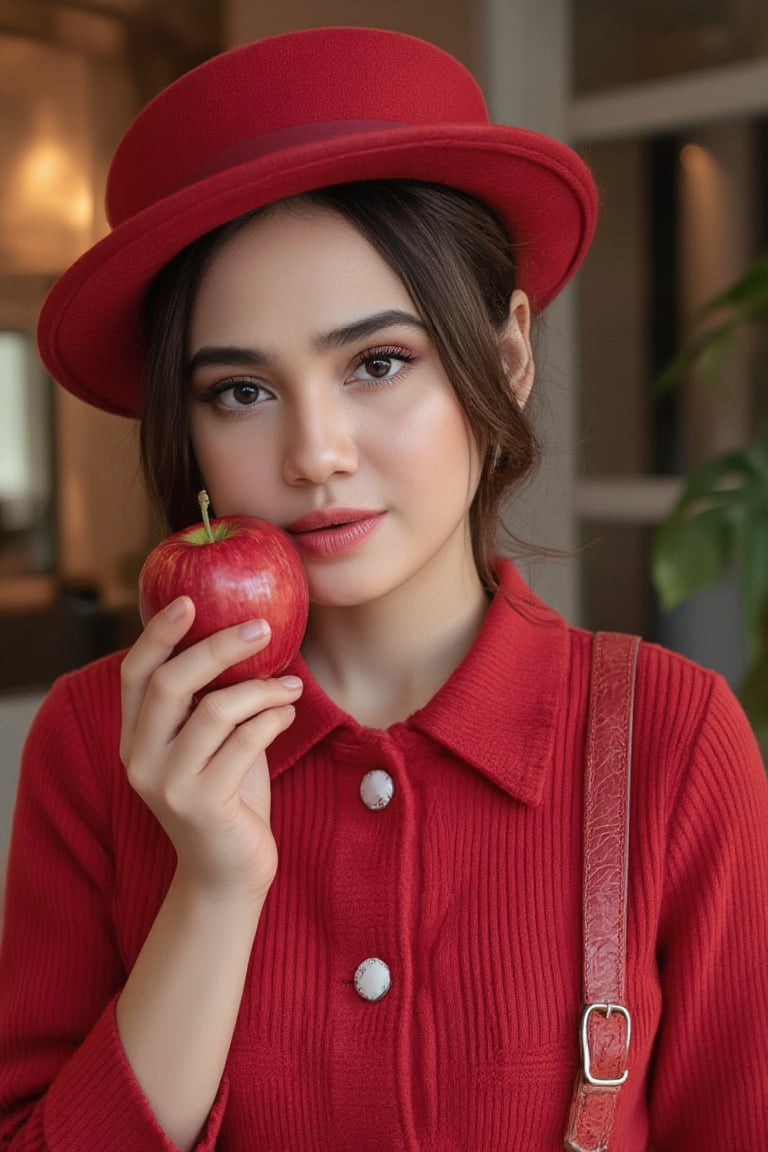 A striking close-up shot of a Syifa Hadju girl, dressed in a vibrant red ensemble, holds a crimson apple against her bright red lips. Her gaze is direct, confidence exuding from her piercing stare. The soft focus bokeh background adds depth, while the intricate details of her outfit - including the matching hat, belt, and accessories - create a visually stunning frame.