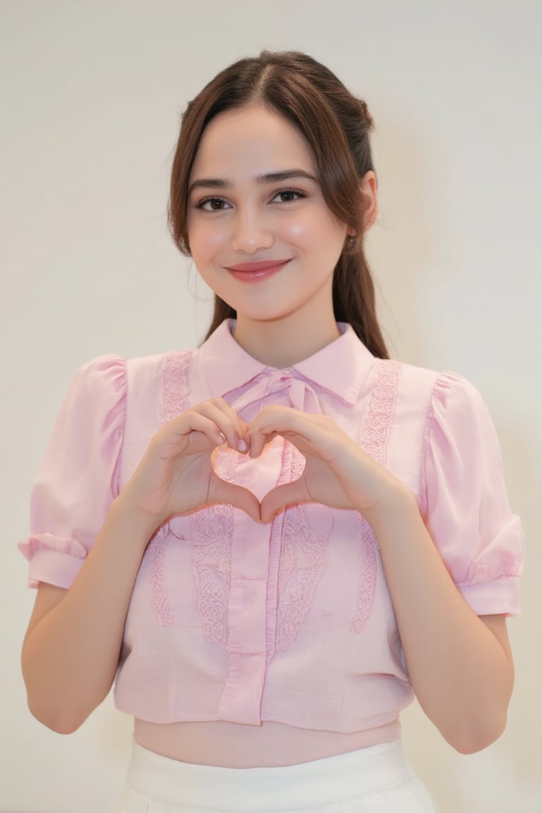 A cute Syifa Hadju, smiling sweetly while forming a heart shape with her hands. She is wearing a trendy pastel pink blouse with lace details and a white pleated skirt, typical of current Japanese fashion. The outfit features delicate ruffles and a bow at the neckline, with a soft, youthful color palette. The image focuses on her upper body, with soft lighting to highlight her cheerful and fashionable appearance.
