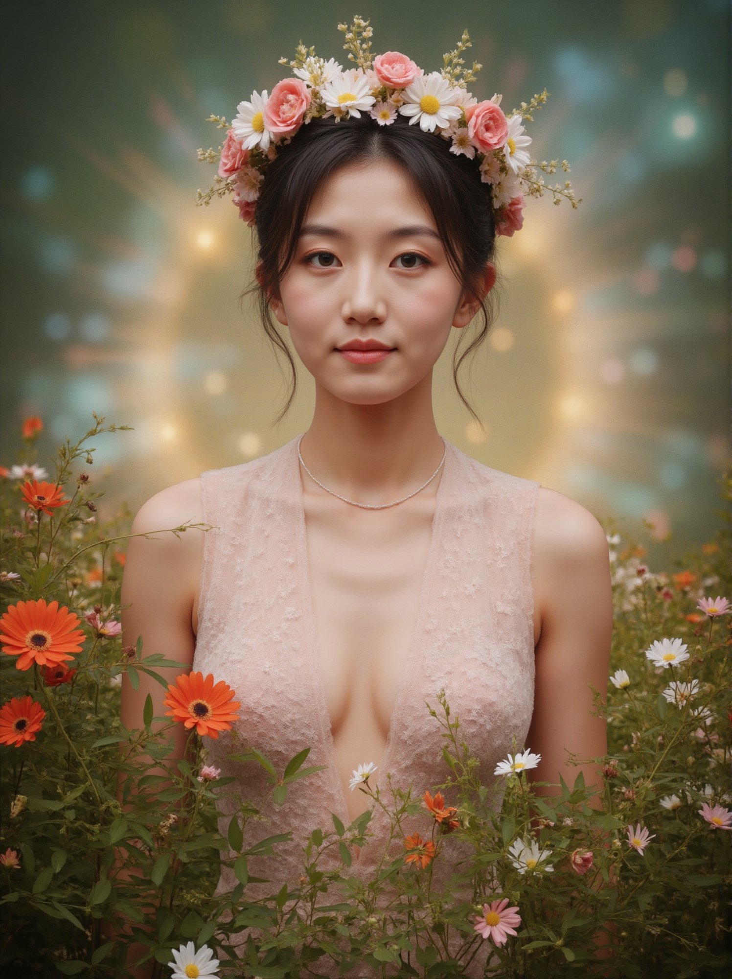 a girl with a divine appearance, dressed in an elegant ensemble of ethereal and semi-transparent clothing, with a deep neckline that runs from her chest to her navel. Her hair is short, reaching her shoulders, and she wears soft makeup that highlights her natural beauty. A crown of small, delicate flowers adorns her head, adding to her ethereal charm. She appears as a forest goddess, surrounded by a lush landscape full of vibrant flowers and vegetation. A colorful aura surrounds her, emphasizing her divinity as her attire flows harmoniously with the environment, radiating a mystical and serene presence,