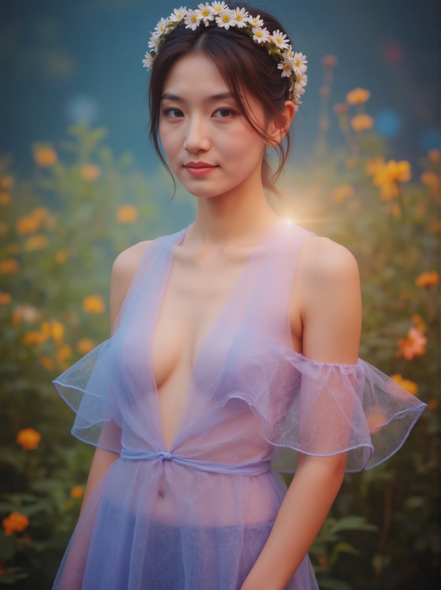 a girl with a divine appearance, dressed in an elegant ensemble of ethereal and semi-transparent clothing, with a deep neckline that runs from her chest to her navel. Her hair is short, reaching her shoulders, and she wears soft makeup that highlights her natural beauty. A crown of small, delicate flowers adorns her head, adding to her ethereal charm. She appears as a forest goddess, surrounded by a lush landscape full of vibrant flowers and vegetation. A colorful aura surrounds her, emphasizing her divinity as her attire flows harmoniously with the environment, radiating a mystical and serene presence,