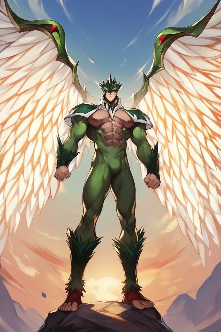 score_9, score_8_up, score_7_up, s anime origin, male man hero elemental avian, Angelic wings, full body, Male focus, Standing facing viewer, Flying in the sky